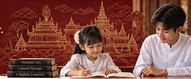 Learners studying with books in a Myanmar heritage-inspired learning scene